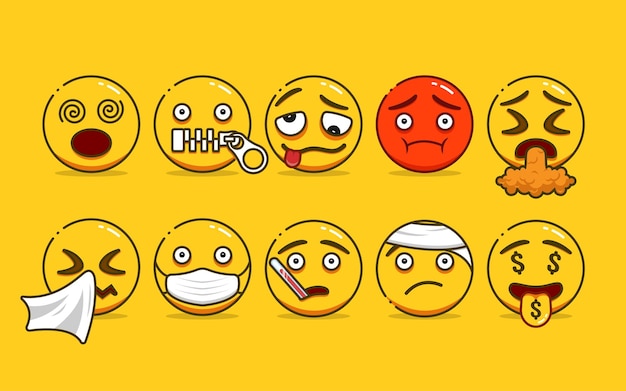 Set süßer gelber emojis mit umrissstil