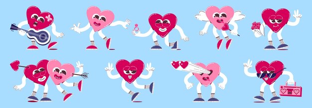 Vektor set süßer herzfiguren im retro-cartoon-stil. trendiges buntes valentinstag-herzmaskottchen