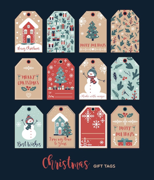 Vektor set süßer weihnachtsgeschenkanhänger in handgezeichnetem doodle-stil vektor-grußkarten-designs