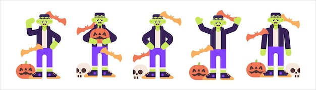 Set süßes frankenstein-kostüm für halloween mit verschiedenen posen-illustrationen