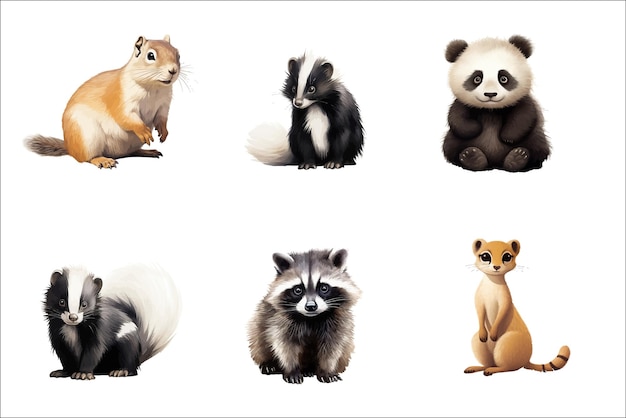 Set sute Baby lustige Tiere Waschbär Panda Gopher Stinktier im Aquarell-Stil Flache Vektorillustrationen isoliert auf weißem Hintergrund