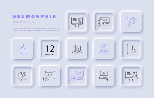 Set-symbol für chemische forschung naturflasche reagenzglas computer dna-molekül buch wissenschaftler neuronales netzwerk telefon atom lupe wissenschaftskonzept neomorphismus vektorliniensymbol für unternehmen