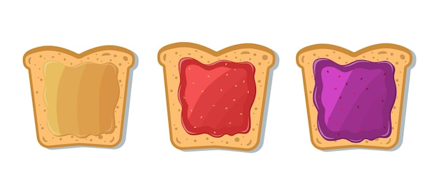 Set toast mit marmelade und erdnussbutter. cartoon-stil.