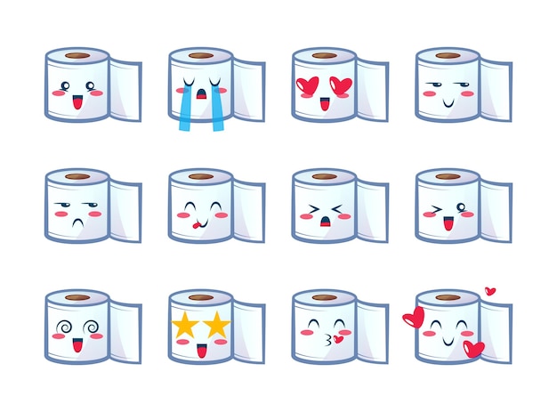 Vektor set toilettenpapier-emojis sammlung von emoticons im cartoon-stil isoliert