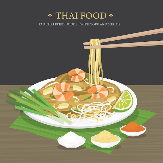 Vektor set traditionelles thailändisches essen, pad thai gebratene nudeln mit tofu und garnelen. karikaturillustration