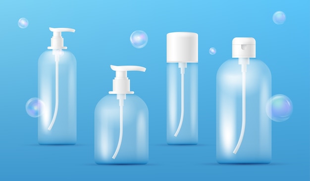 Set transparente parfümflaschen. saubere plastikflaschenschablone mit spender für flüssige seife, shampoo, duschgel, lotion, körpermilch mit transparenten bunten seifenblasen. verpackungssammlung.