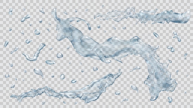 Set transparenter Wasserspritzer und Wassertropfen in hellblauen Farben einzeln auf transparentem Hintergrund