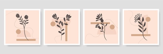 Set trendiger minimalistischer botanischer illustration als abstrakte linienkunstkompositionen mit blättern, modernes wandkunstplakat