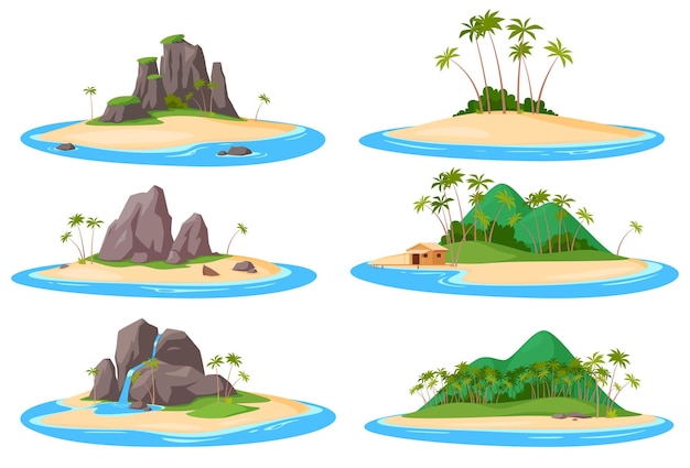 Set Tropische Insel im Ozean Meer Exotische Naturlandschaft Sommerurlaub Vektor-Illustration