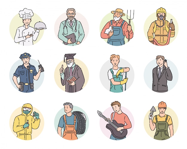 Set um männer verschiedene berufe. labor day people illustration im strichkunststil in professioneller uniform.