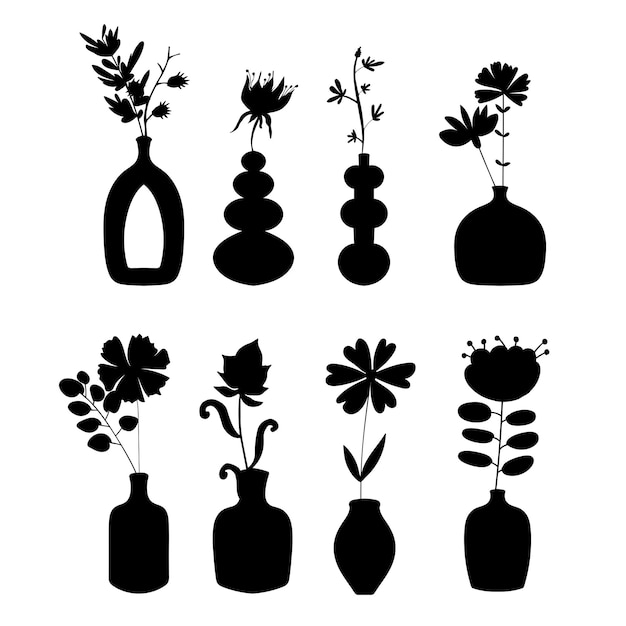 Set Vasen mit Blumen und Pflanzen. Vektor-Illustration. Schwarze Silhouetten.