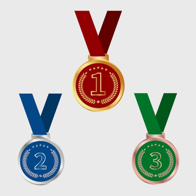 Set Vector Sports Awards Gold, Silber und Bronzemedaille mit rot-blau-grünem Band