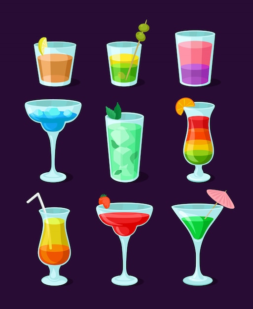 Set verschiedene alkoholische Cocktails, Sommergetränke Illustrationen