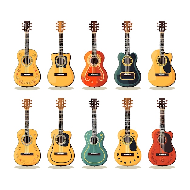 Set verschiedener Akustikgitarren. Vektorillustration im flachen Stil