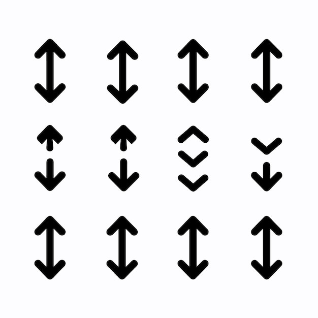 Set von 16 schwarzen, nach oben gerichteten Pfeilen mit minimalistischen Ikonen