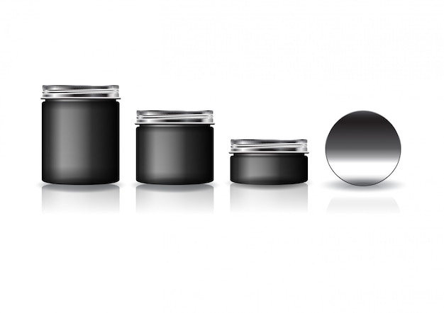 Set von 3 größen schwarz kosmetik runden glas mit silbernen deckel für schönheit oder gesundes produkt.