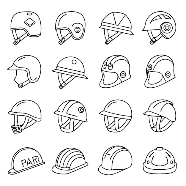 Set von 30 Umriss-Ikonen von Helmen und Hütten Linear Icon Collection