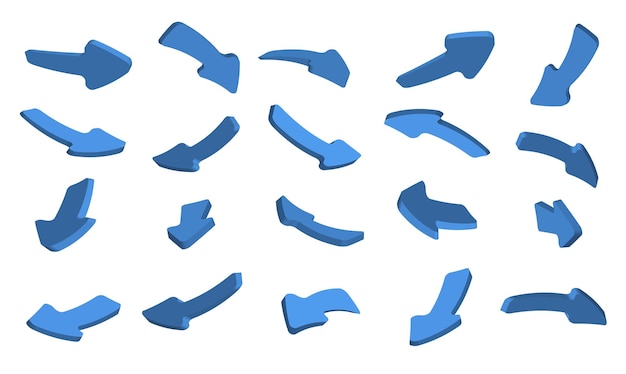Set von 3d-blauen pfeilvektoren mit unterschiedlichen formen und richtungen