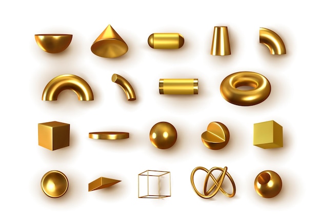 Set von 3D-Objekten mit goldenen geometrischen Formen. Realistische Geometrieelemente isoliert auf weißem Hintergrund, auf metallischem Farbverlauf. Render Dekorative Goldfigur für Design. Vektor-Illustration