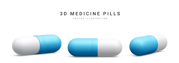 Set von 3D-realistischen Kapselpillen isoliert auf weißem Hintergrund Medizin und Drogen Vektor-Illustration