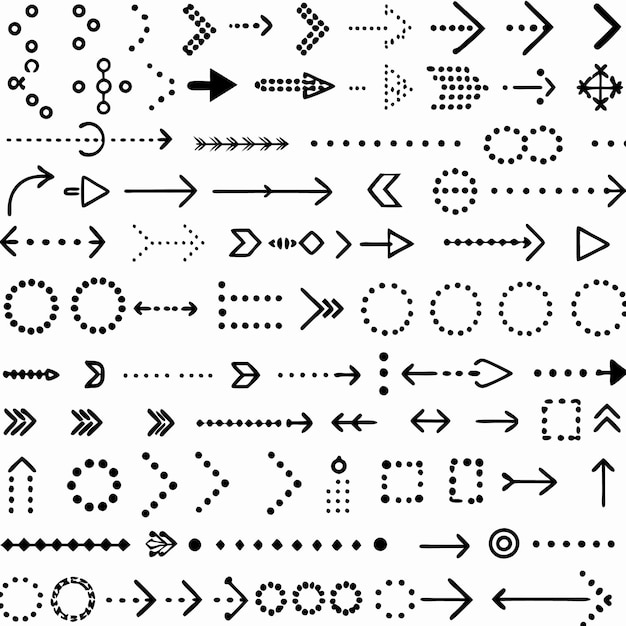 Set von 50 handgezeichneten Pfeilen, Punkten und Linien
