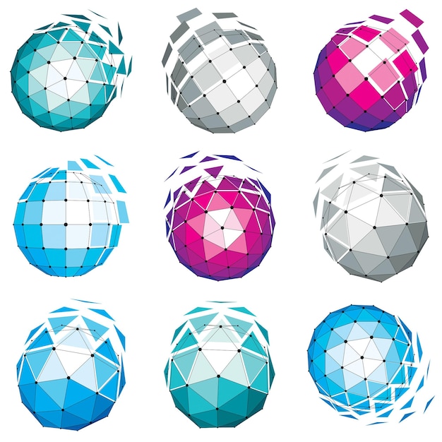 Set von abstrakten 3D-Facettenfiguren mit verbundenen Linien. Vektor Low-Poly-Design-Elemente-Sammlung, wissenschaftliches Konzept. Kybernetische Kugelformen mit Gitter- und Liniennetz, Netzwerkstruktur.