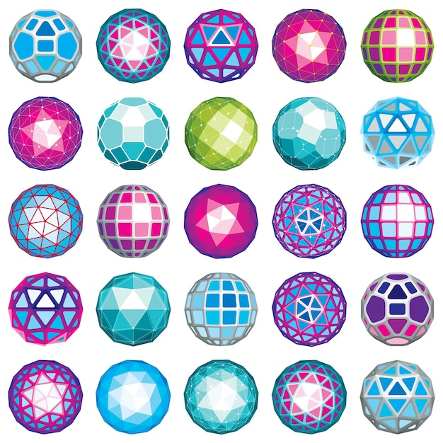 Set von abstrakten 3D-Facettenfiguren mit verbundenen Linien. Vektor Low-Poly-Design-Elemente-Sammlung, wissenschaftliches Konzept. Kybernetische Kugelformen mit Gitter- und Liniennetz, Netzwerkstruktur.