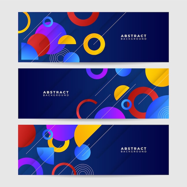 Set von abstrakten, dunkelblauen, farbenfrohen Memphis-Wide-Banner-Design-Hintergrund