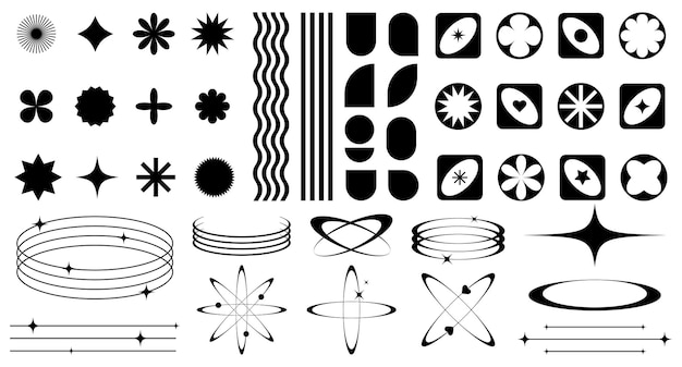 Set von abstrakten retro-futuristischen Elementen und Formen und ästhetischen Linienrahmen Boho-Brutalismus Y2K