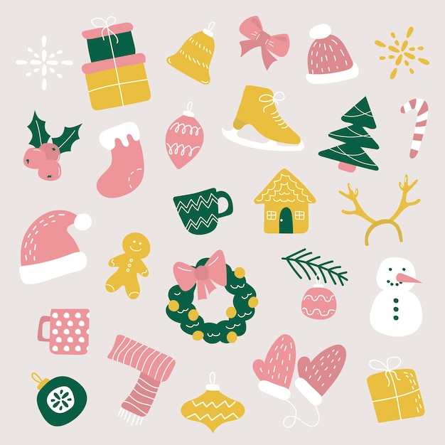 Set von abstrakten Weihnachts-Neujahrs-Winter-Icons handgezeichneter Doodle-Flat-Stil