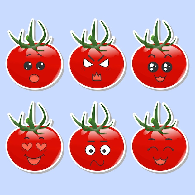 Set von aufklebern rote tomate mit kawaii emotionen flache vektordarstellung einer tomate mit emotionen auf blauem hintergrund