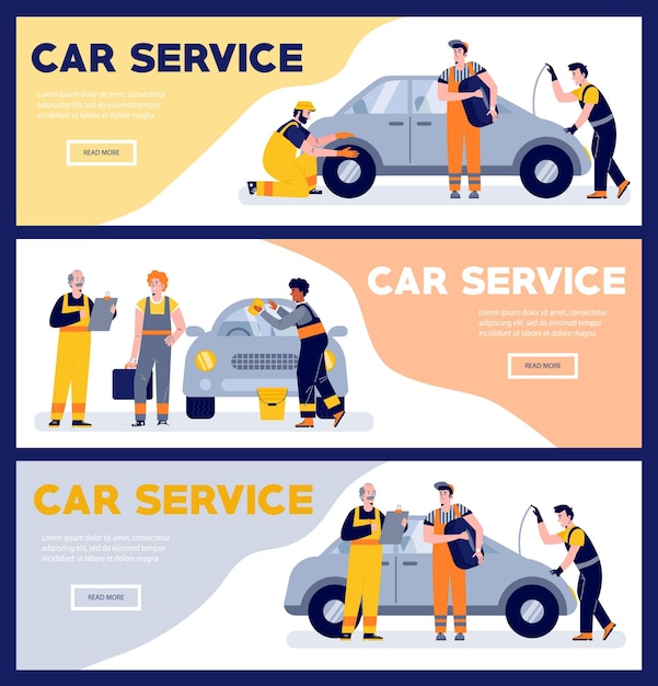 Set von Autoservice-Szenenvorlagen Reifenwerkstatt im flachen Stil