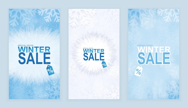 Set von bannern für den winterverkauf, banner mit schneeflocken und verkaufstexten zur förderung von rabatten für die wintersaison. winter-abbildung.