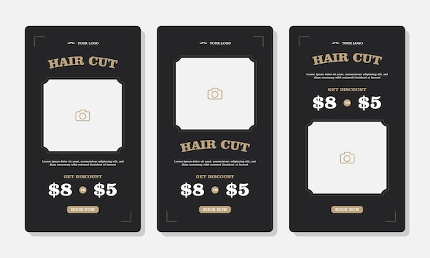Set von Barbershop Social Media Stories Vorlagen für die Werbung Design Vorlage mit Foto-Bereich