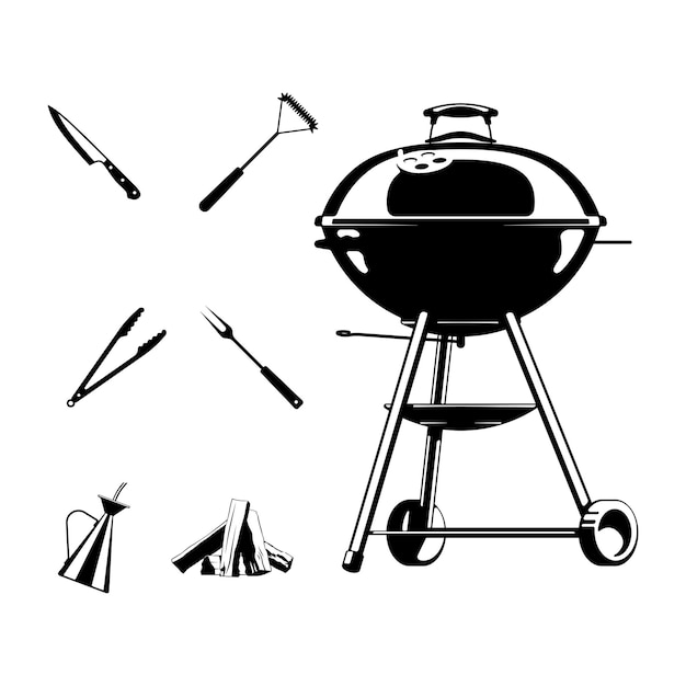 Vektor set von bbq-grill-symbolen und designelementen im vintage-monochrom-stil. designelement