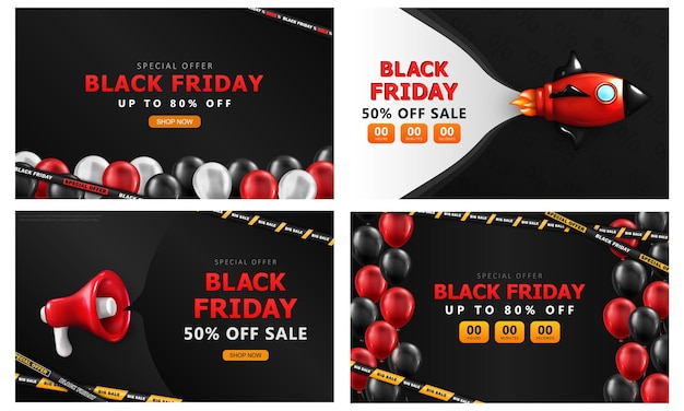 Set von Black Friday-Bannern mit Verkaufswerbung, 3D-Hochglanzballons, Raumschiff und Absperrbändern