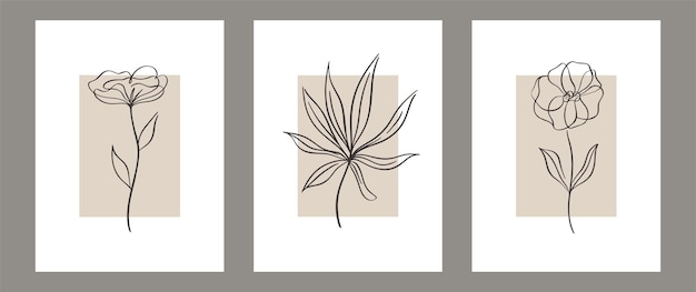 Vektor set von botanischen zeitgenössischen wandkunstplakaten tropical foliage line art zeichnung mit abstrakter form