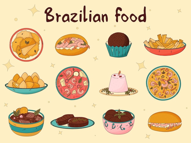 Set von brasilianischen traditionellen speisen vektor-illustration im handgezeichneten stil