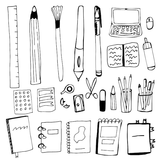 Vektor set von bürozubehör im handzeichnungsstil. stift, bleistift, pinsel, laptop, computermaus, spitzer, radiergummi, notizbuch, buch, notizblock, ordner auf ringen im duddle-stil. vektor-illustration isoliert.