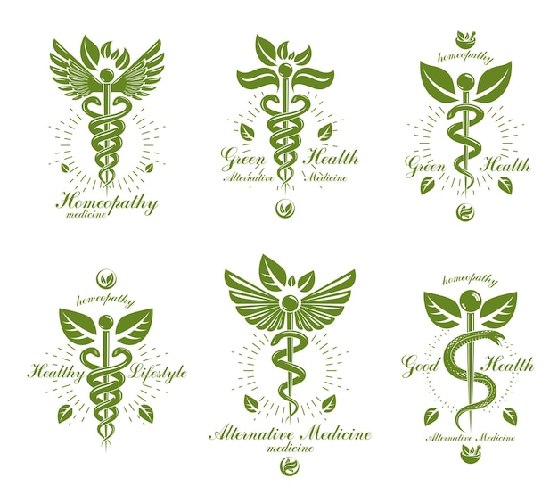 Set von caduceus-vektorkonzeptemblemen, die mit schlangen und grünen blättern erstellt wurden. wellness und harmonie-metapher. alternativmedizinkonzept, phytotherapie-logos.