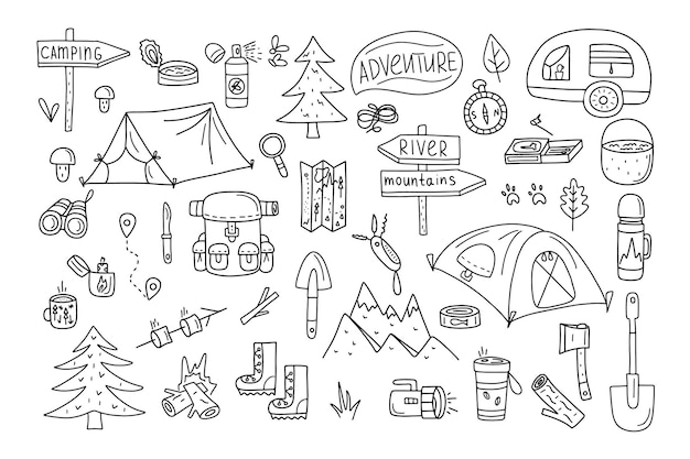 Vektor set von camping-vektorelementen im doodle-stil auf weißem mon für ihr design