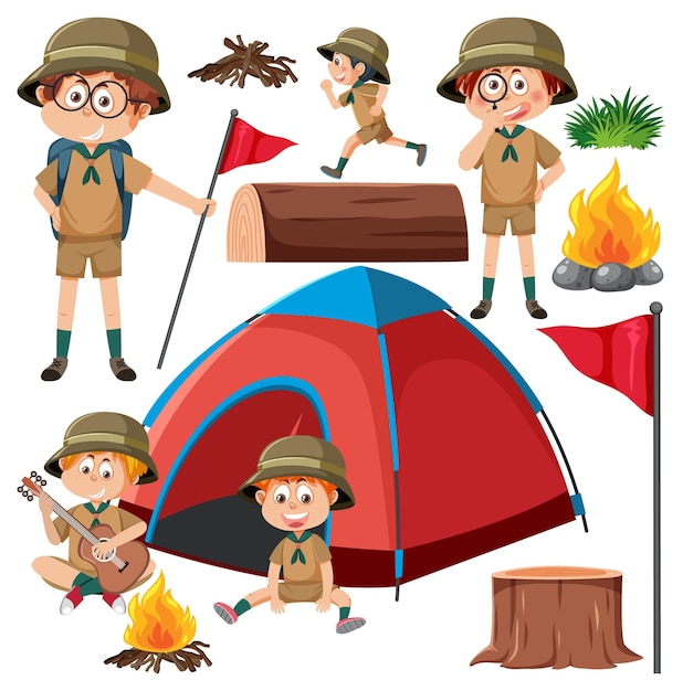 Vektor set von campingkindern cartoon-figur