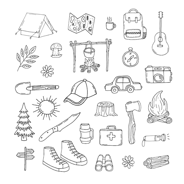 Vektor set von campingreisen und tourismus vektorillustrationen für touristische ausrüstung doodle handgezeichnete umrisse