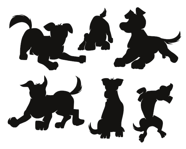 Set von Cartoon-Hunde-Silhouette schwarz auf weiß