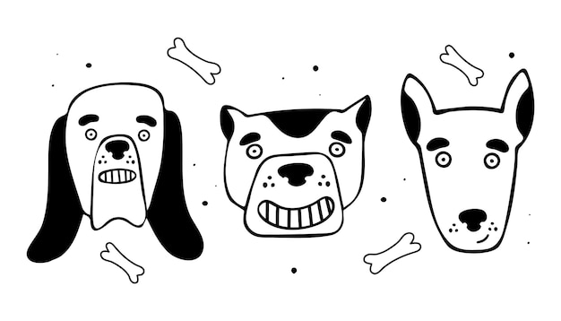 Vektor set von cartoon-hundeköpfen-vektor-illustration im doodle-stil