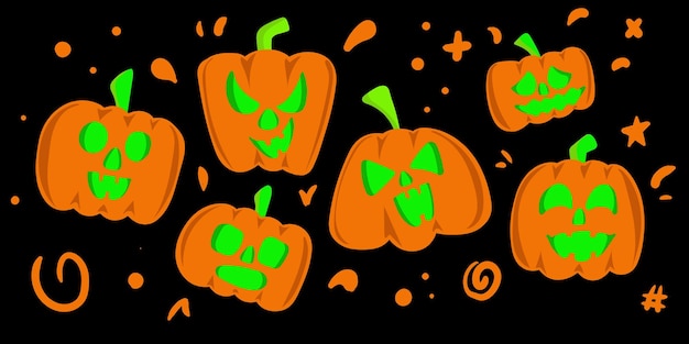 Set von cartoon-kürbissen mit lustigen gesichtern für ihr design für den feiertag halloween flat style vector illustration auf weißem hintergrund