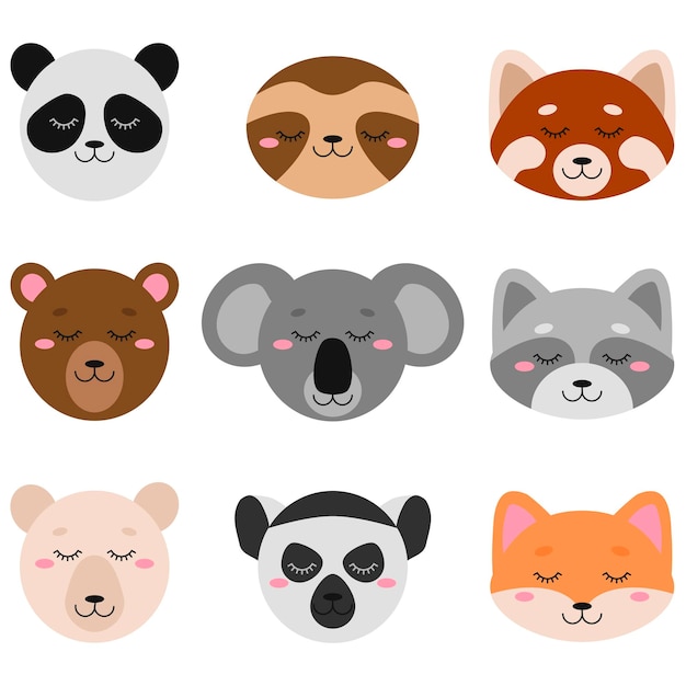 Set von Cartoon niedlichen Tiergesichtern. Faultier, Koala, Roter Panda, Panda, Lemur, Weißer Bär, Bär, Fuchs
