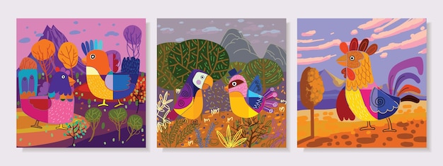 Set von cartoon-vogel-symbolen auf buntem landschaftshintergrund, handgezeichnete vektorillustration