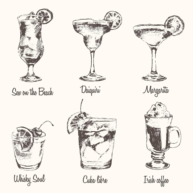 Set von cocktails. cosmopolitan, tom collins, bloody mary, long island, bier, mojito. vintage-gravur
