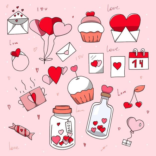 Set von doodle-elementen für den valentinstag. liebeserklärungen, cupcakes, postkarten und herzen.